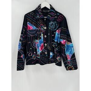 New Direction Vintage Jacket Womens XL Black Floral Heart Embroidered Button
